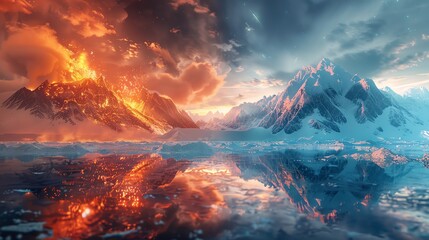 Fire and Ice Illustrate one side with fiery volcanic activity, lava flows, and ash clouds, and the opposite side with icy glaciers, snowcapped mountains, and frozen lakes