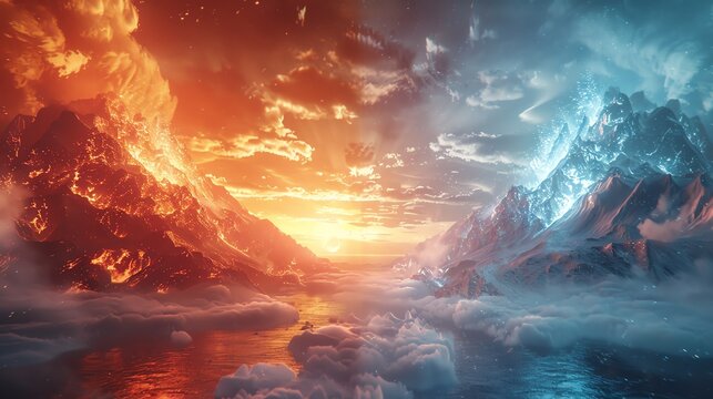 Fire and Ice Illustrate one side with fiery volcanic activity, lava flows, and ash clouds, and the opposite side with icy glaciers, snowcapped mountains, and frozen lakes