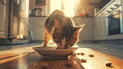 cat eats from a bowl in the kitchen, pet lifestyle