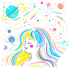 Rysunek kobiety z abstrakcyjną twarzą, która jest otoczona przez gwiazdy i planety. Całość wykonana jest w skali kolorowych detali, tworząc unikalne dzieło sztuki