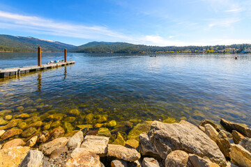 Scenic view from the public lake access, fishing platform and boat launch on Liberty Lake, in Liberty Lake, Washington, a suburb of Spokane and bordering the Coeur d'Alene region of Idaho.	