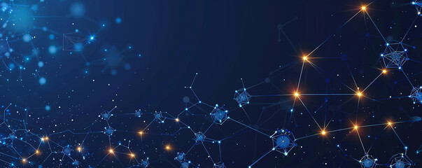 Fototapeta premium Starry navy background with intricate molecular polygonal networks each connection glowing to symbolize technological advancements in molecular science.
