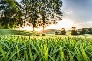Green Field Landscape with some Trees and Blue Sky on Bright Sun Light
