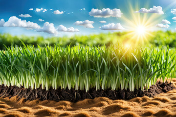 Green Field Landscape with Exposed soil  and Blue Sky on Bright Sun Light