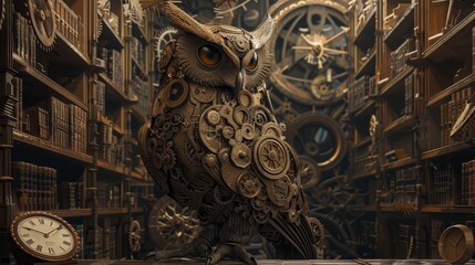A large owl with many gears on its face is standing in a library