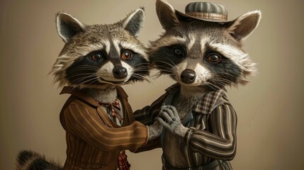 Two raccoons are holding hands and smiling