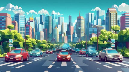 Obraz premium A busy city street with cars and a bus