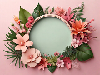 digital illustration of floral arrangement with blank round frame botanical composition with assorted tropical flowers and green leaves isolated on pink background Greeting card template