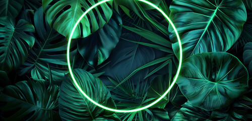 A neon circle in a vivid shade of green encloses a rich tapestry of tropical leaves, with each...