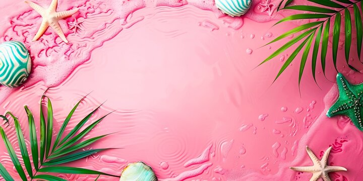 Pink background with seashells and palm leaves.