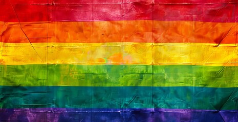 A rainbow flag is shown on a grunge background.