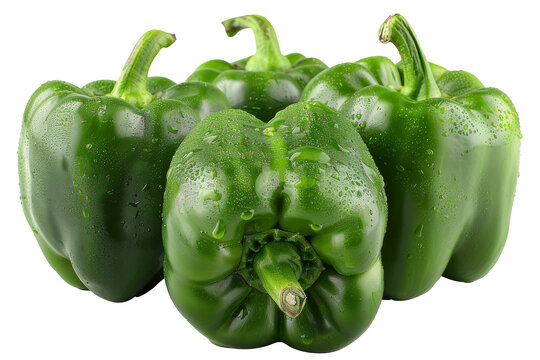 Fresh green bell peppers with water droplets isolated on transparent background