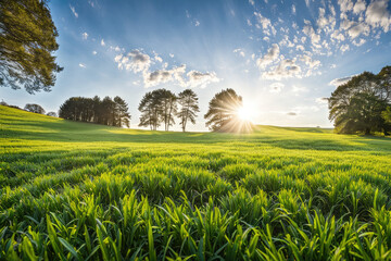  Green Field Landscape with some Trees and Blue Sky on Bright Sun Light