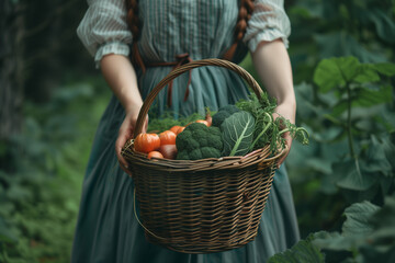 Young woman holding a basket with fresh vegetables. High quality photo