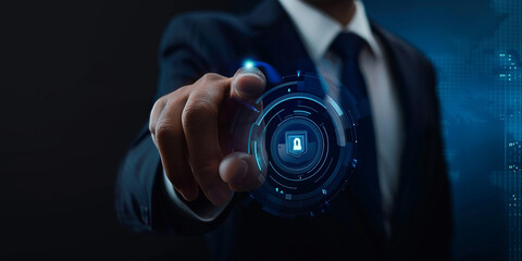 Businessman login with fingerprint scanning technology. fingerprint to identify personal, security system concept 