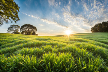  Green Field Landscape with some Trees and Blue Sky on Bright Sun Light
