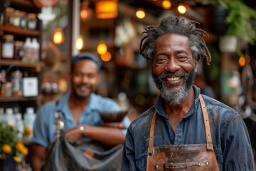 Fototapeta premium A smiling male barista wearing a leather apron stands in a lively urban café with a happy customer in the background