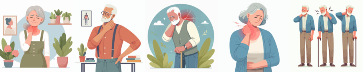 collection of vector illustrations of grandparents with shoulder pain