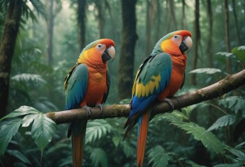 Obraz premium A vibrant parrot perched amidst the dense rainforest, echoing calls of the wild.