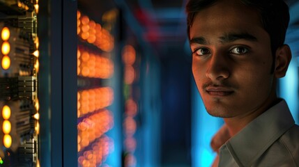 The close up picture of the IT specialist man from south asia is looking at camera and working in the server room, the IT specialist require skill like technology knowledge and data analysis. AIG43.tt