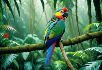 Obraz premium A vibrant parrot perched amidst the dense rainforest, echoing calls of the wild.