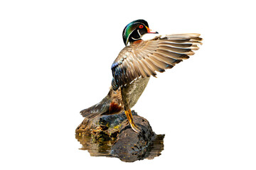 Wood Duck (Aix sponsa) Photo, Perched in Takeoff Mode, on a Transparent PNG Background