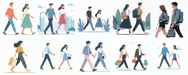 collection of vector illustrations of couples walking