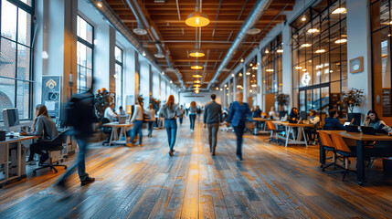 Fototapeta premium Diverse group of professionals working in a vibrant, open-plan coworking office space. Generated by AI