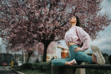 Active young female in athletic wear stretching during a yoga pose in a blossoming spring park.