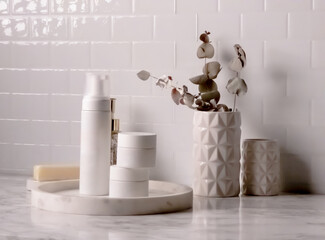 White marble bathroom tabletop with cosmetics set