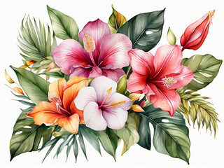 watercolor floral illustration exotic nature tropical flowers bouquet orchid hibiscus cala lily...