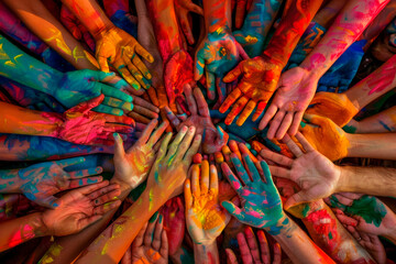 A lot of human hands in the colors of holi
