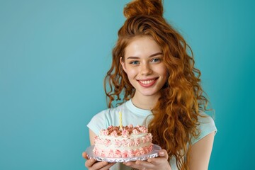 Beauty redhead woman smiling holding a birthday cake in blue background