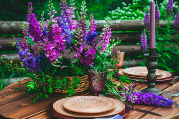 A festive table set with flowers and dishes for a festive celebration	
