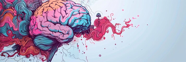 Drawing of a brain with vibrant colors representing different functions