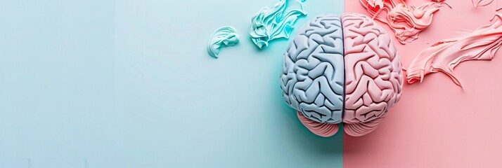 Two halves of a human brain placed on a pink and blue background