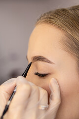 Eyebrow coloring with a pencil. Process of eyebrow coloring or makeup. Soft focus