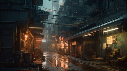 Cyberpunk City. Night time in cyberpunk city, houses and businesses.