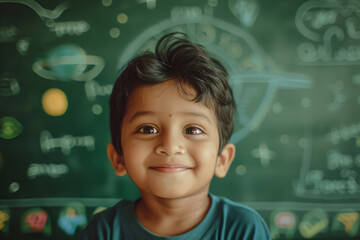 cute indian school boy standing on green chalk board background.