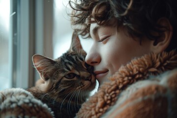 A boy hugs and cuddles his cat. Generative AI.