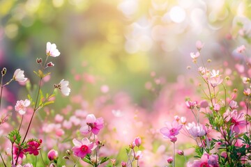 Beautiful spring flowers background with bokeh and sun light. Genererative AI
