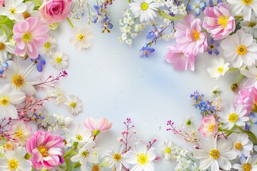 Flowers composition. Frame made of colorful flowers on white background. Flat lay, top view, copy space. Genererative AI