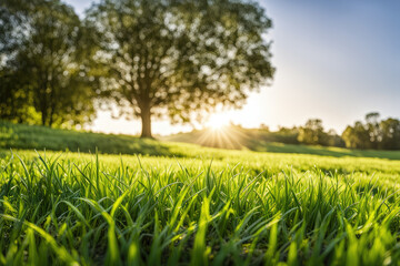 Green Field Landscape with some Trees and Blue Sky on Bright Sun Light