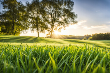 Green Field Landscape with some Trees and Blue Sky on Bright Sun Light