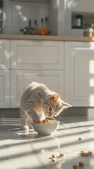 Cute gray kitten playing with food in the kitchen