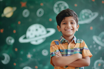 cute indian school boy standing on green chalk board background.