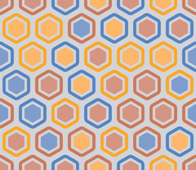 Seamless geometric pattern featuring bold rounded hexagon cells with padding and inner solid cells. Large hexagon shapes in a multiple tones color palette. Tileable vector illustration.