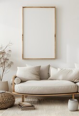 A 3d mockup design of a large wood picture frame on a wall in a living room, with white walls and one framed blank and empty canvas mockup hanging above a modern round beige sofa