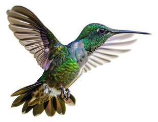 Fototapeta premium Hummingbird in flight captured with detailed wing motion isolated on transparent background