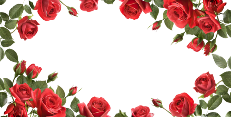 Frame of luxurious red roses in full bloom, with soft petals and green leaves, cut out
